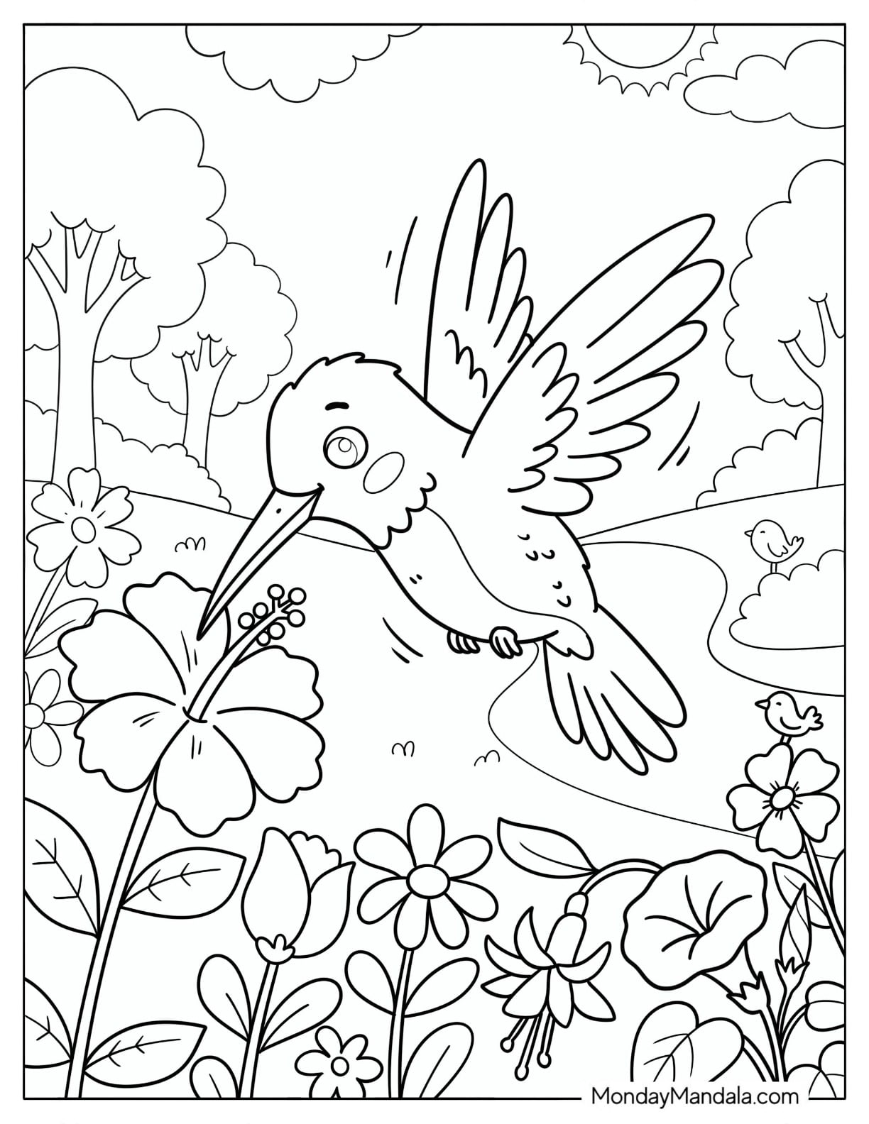 Hummingbird Feeding on a Hibiscus Flower in a Garden Coloring Page for Kids