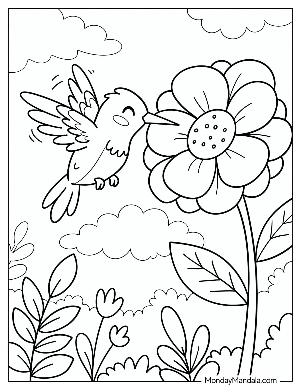Hummingbird Feeding on a Large Flower in a Garden Coloring Sheet for Kids