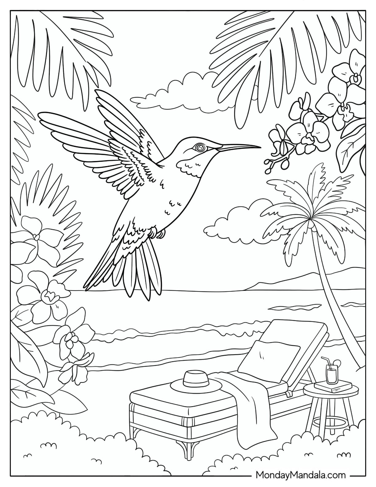 Hummingbird Flying Over a Tropical Beach with Lounge Chair