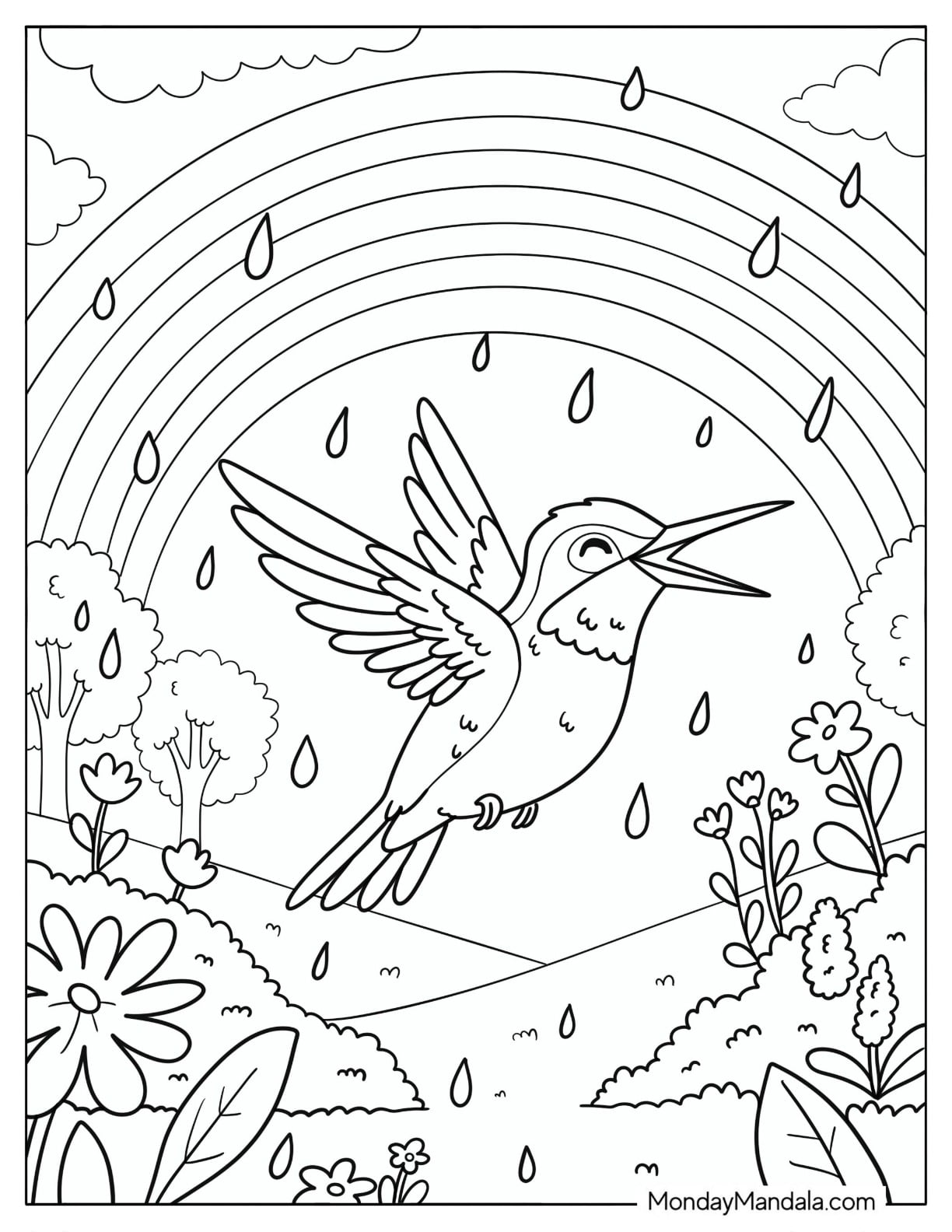 Hummingbird Flying Through a Rainbow in a Rainy Garden Coloring Page