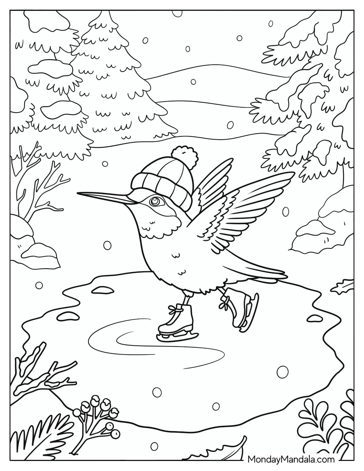 Hummingbird Ice Skating on a Winter Pond Coloring Sheet