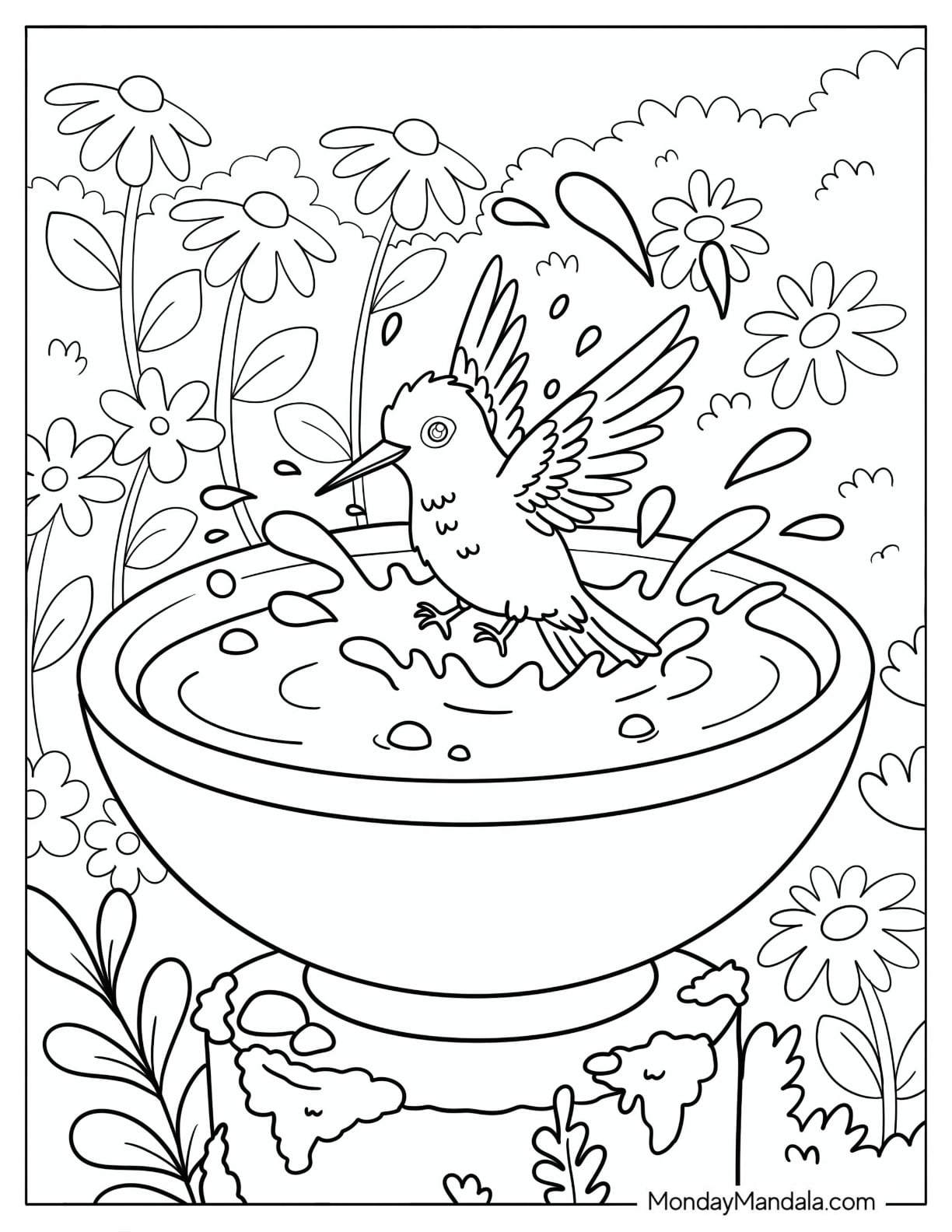 Hummingbird Splashing in a Garden Birdbath Coloring Page