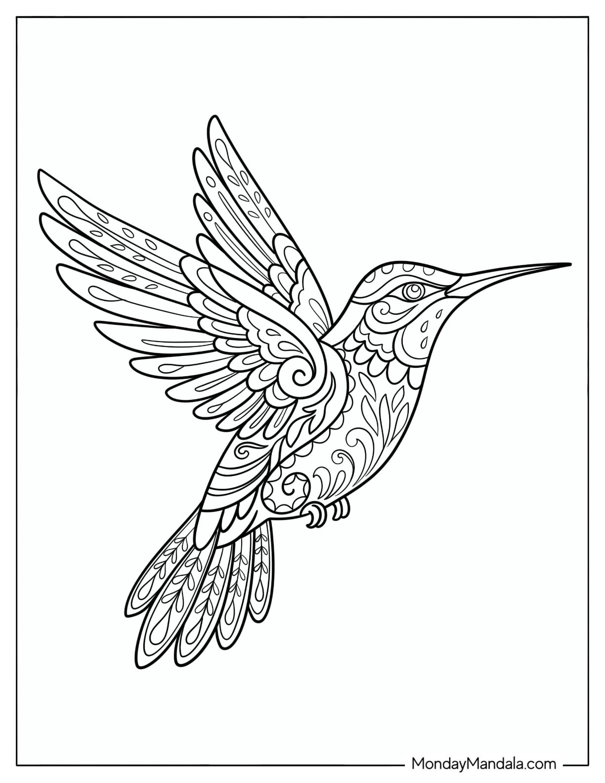 Hummingbird with Mandala Patterns in Flight Coloring Page