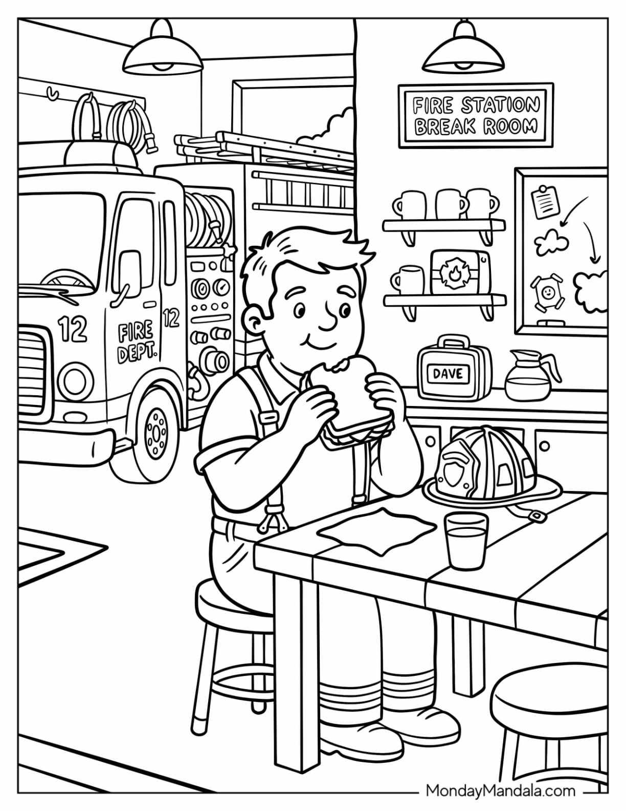 Hungry Firefighter Eating a Sandwich Coloring Sheet