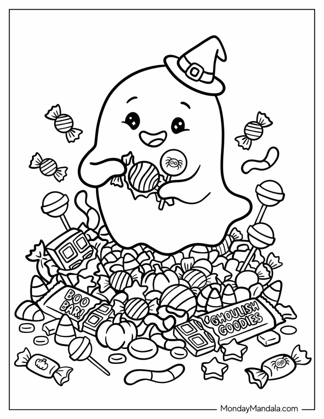Hungry Ghost Eating Halloween Candies Coloring Page