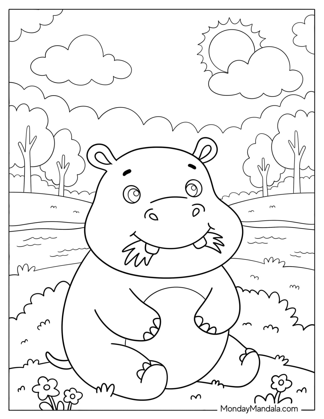 Hungry Hippo Snorkeling Grass Coloring Page