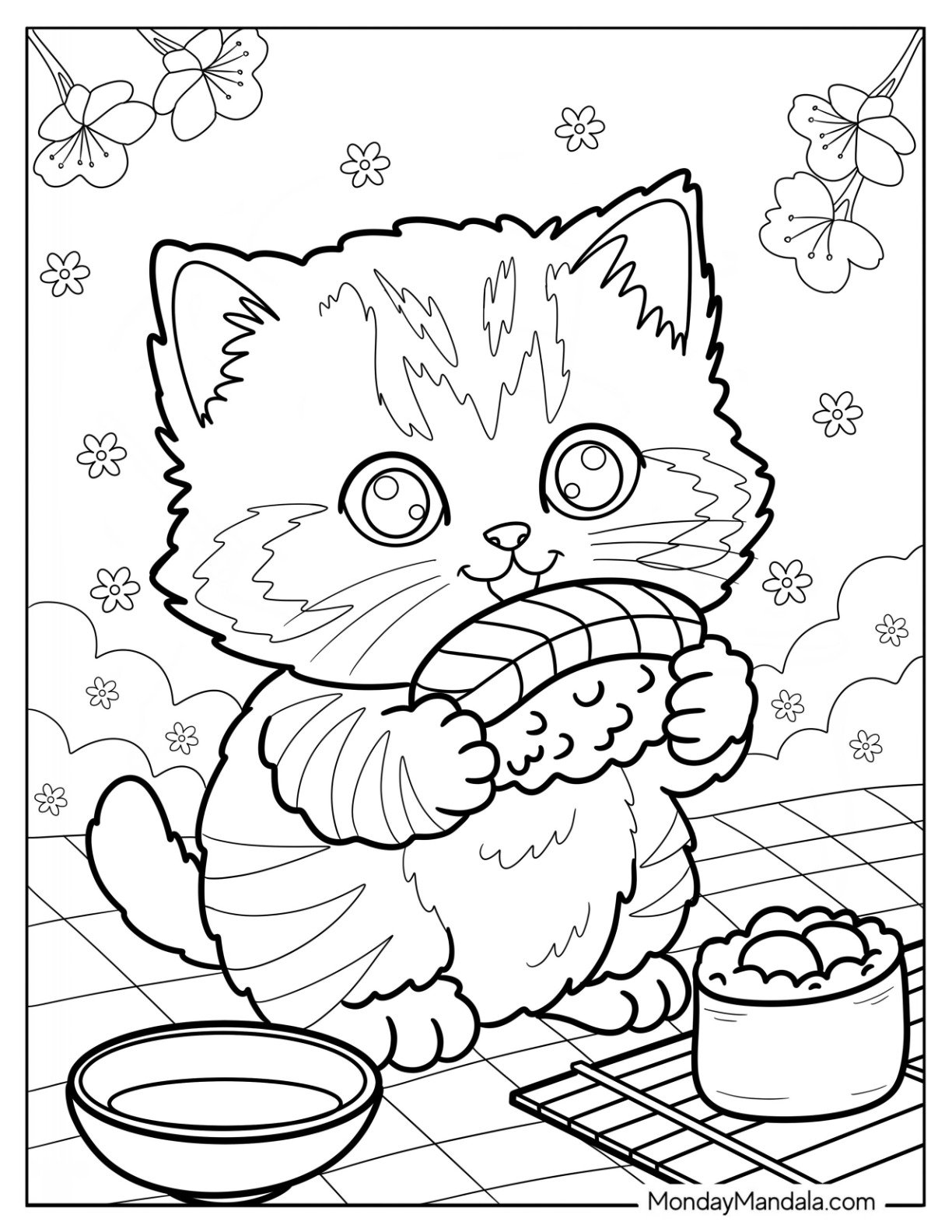 Hungry Kitten Coloring Page Eating Sushi on a Picnic for Kids