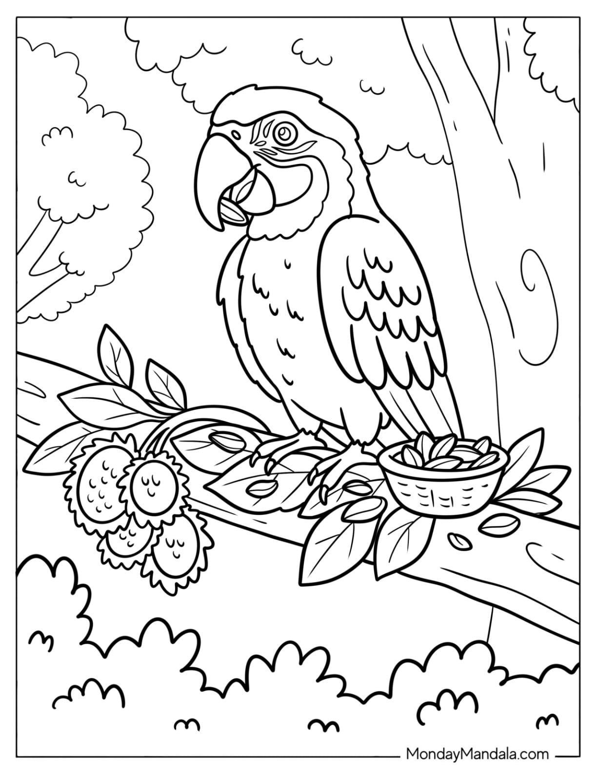 Hungry Parrot Eating Fruit on a Tree Branch Coloring Page