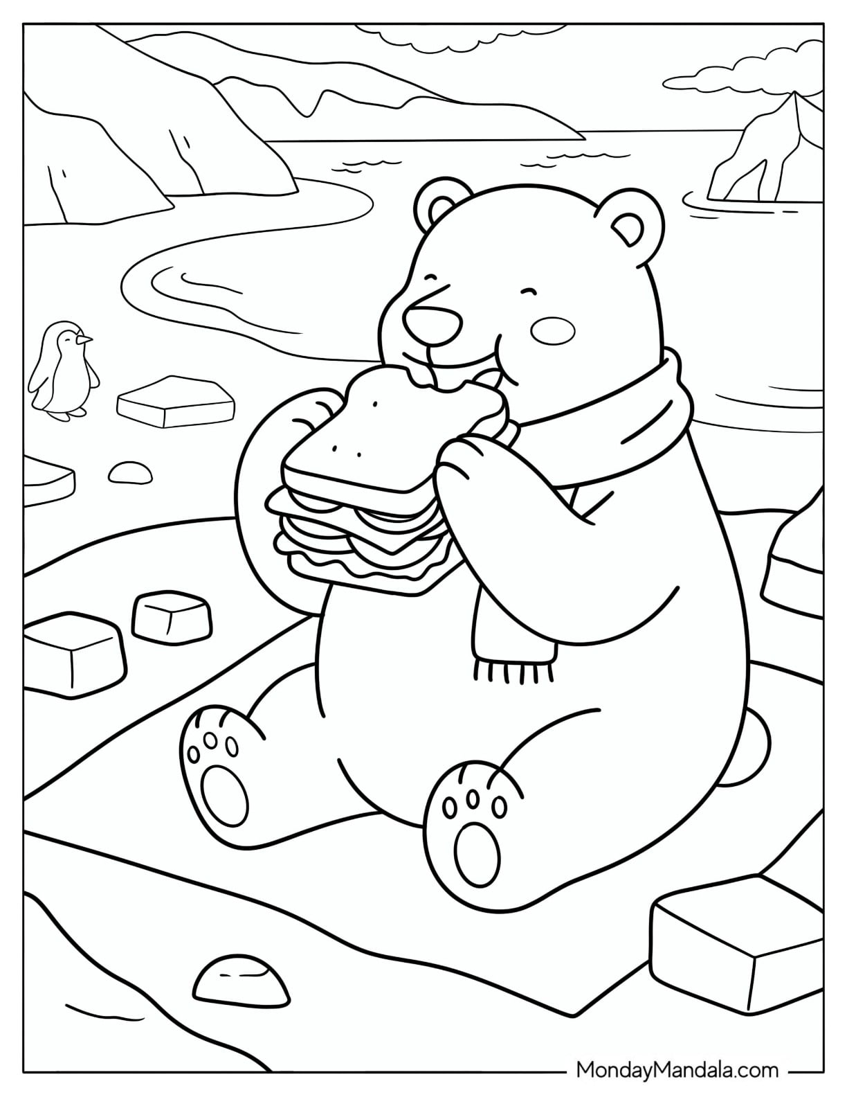Hungry Polar Bear Eating a Huge Sandwich Coloring Sheet