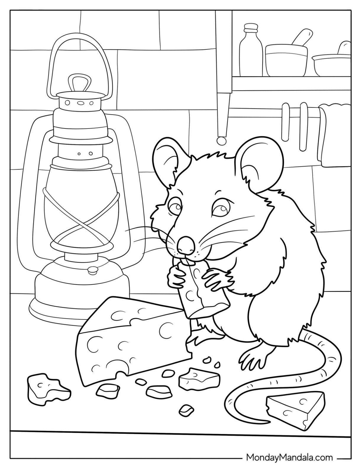 Hungry Rat Coloring Page Eating a Chunk of Cheese Beside a Lantern