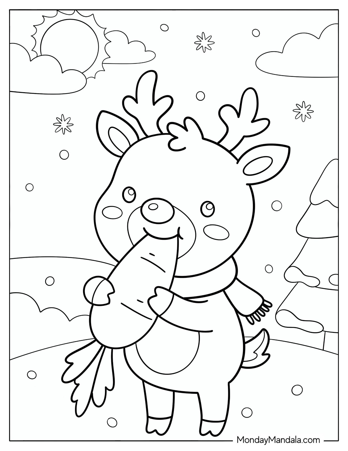 Hungry Rudolph Eating a Carrot in Winter Coloring Page for Preschoolers