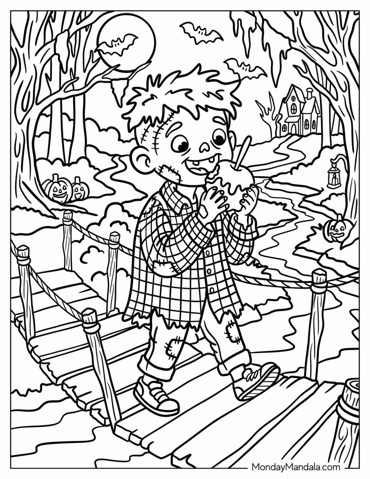 Hungry Zombie Boy Eating a Candy Apple Coloring Page