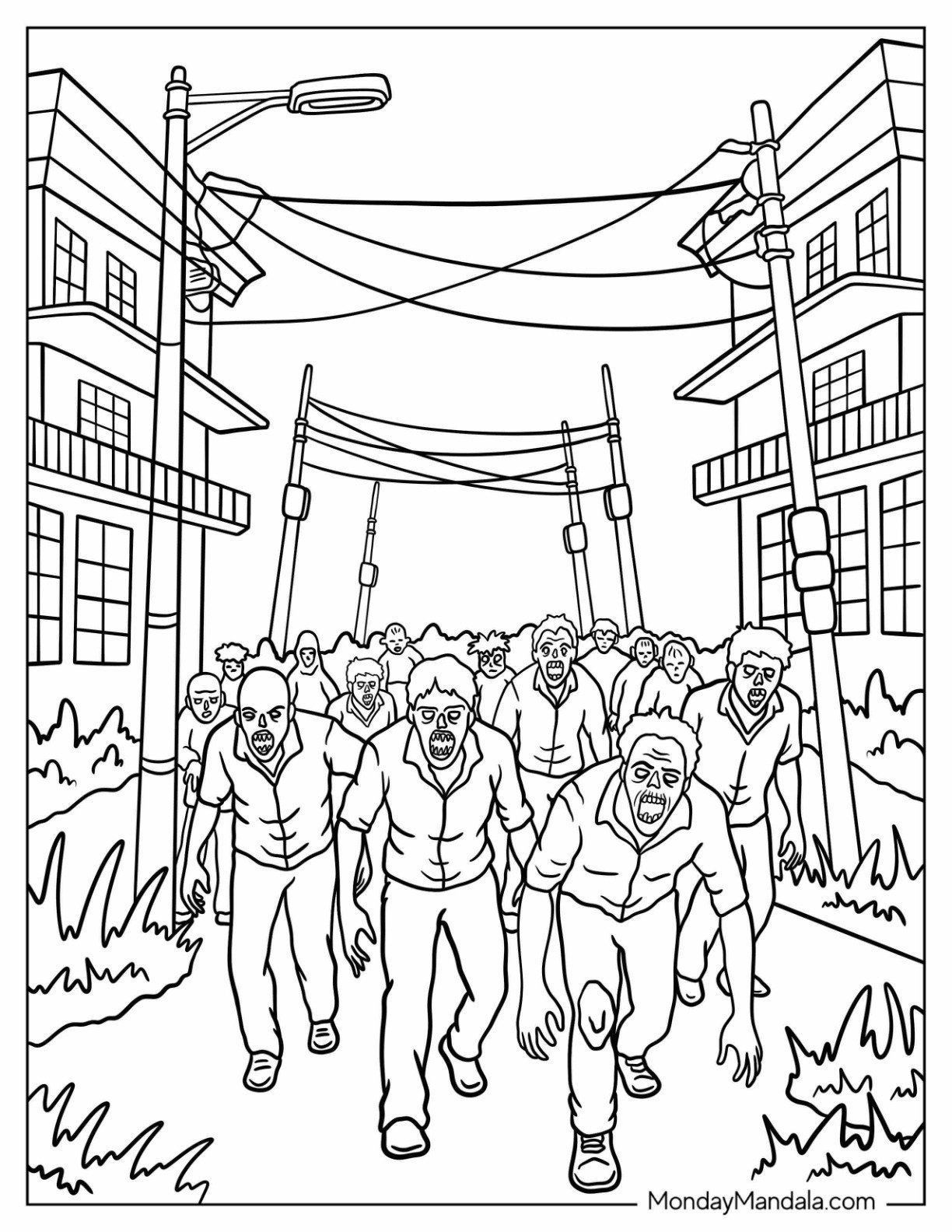 Horror Coloring Page of Hungry Zombies Roam a Post Apocalyptic Town