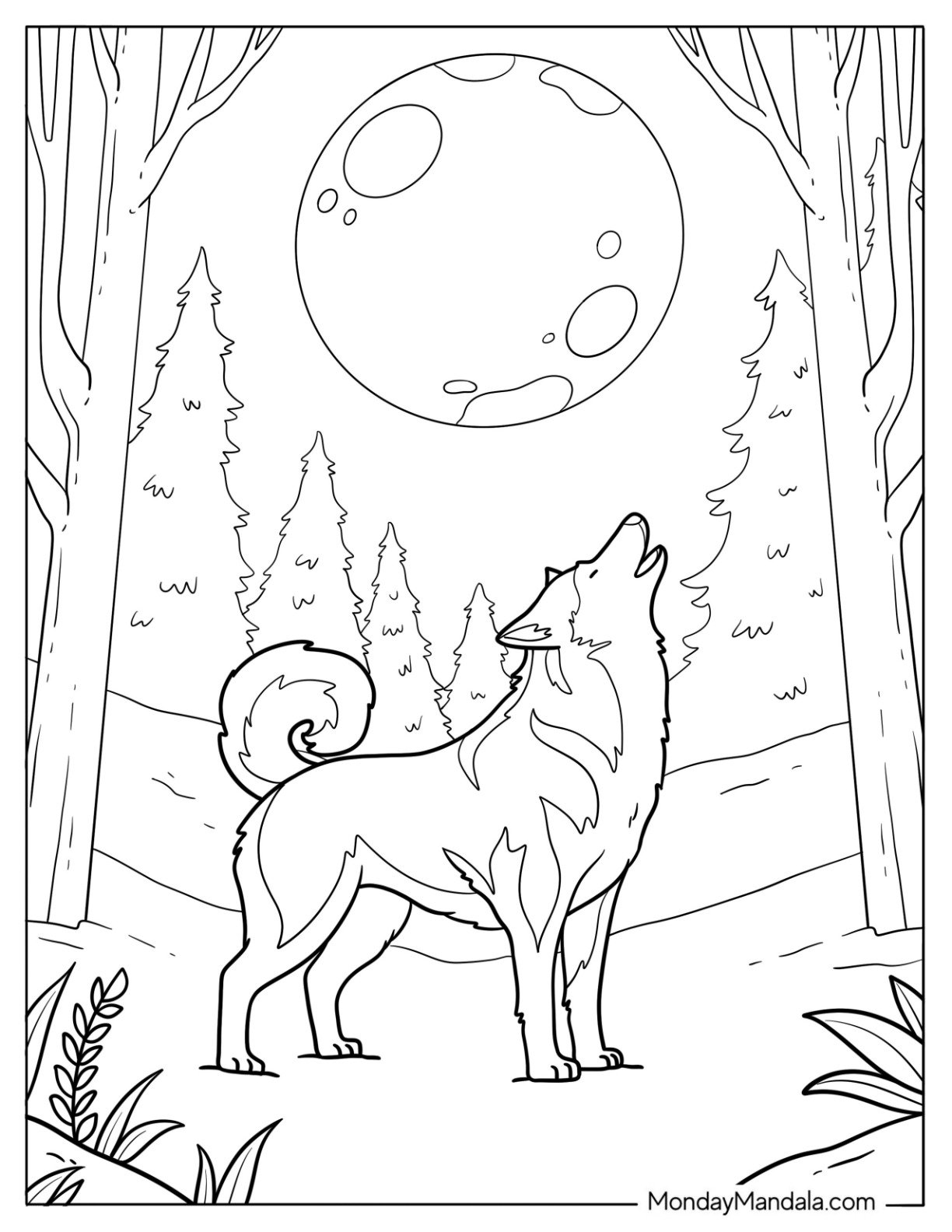 Husky Coloring Pages Howling at a Full Moon for Kids