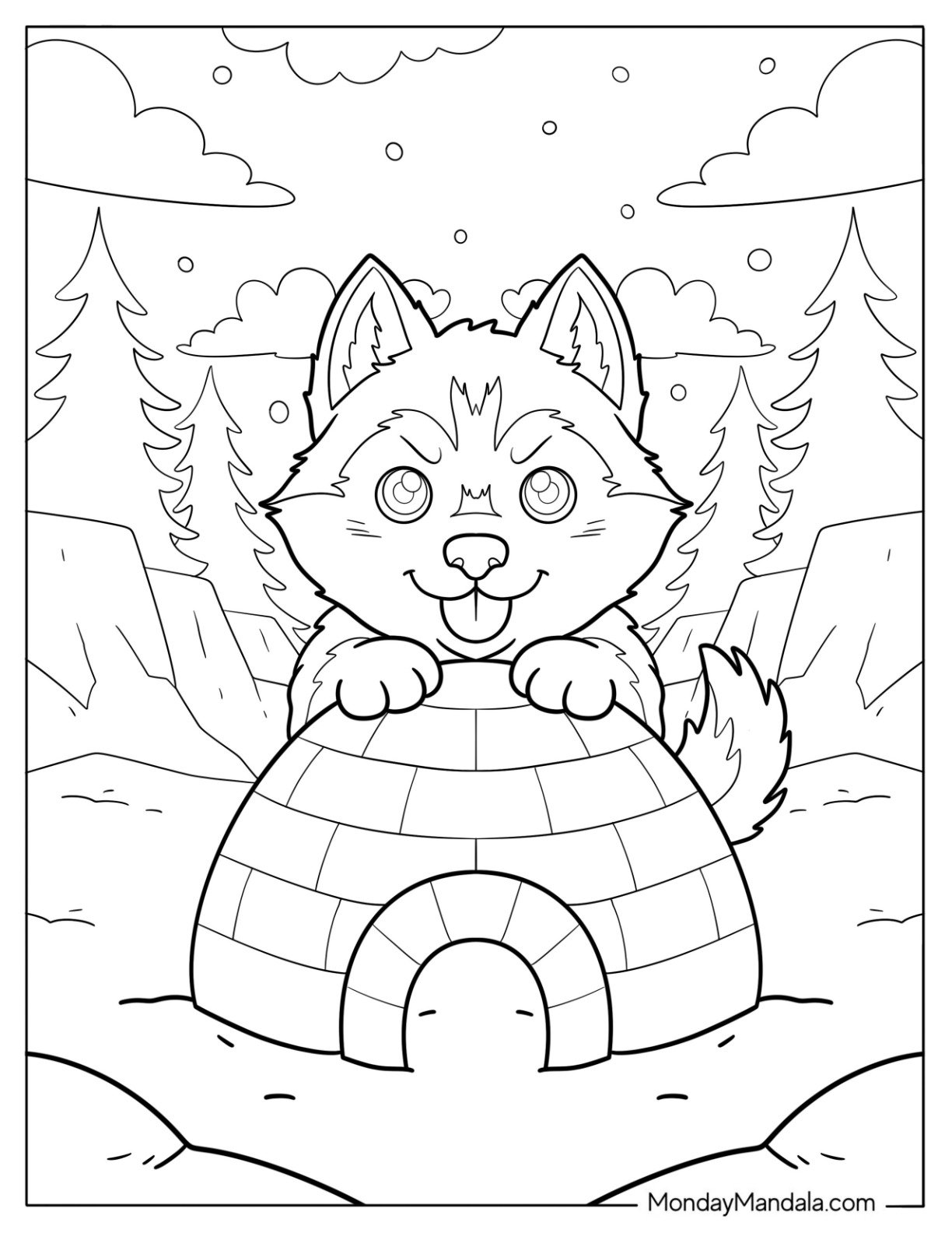 Husky Coloring Pages Puppy on Top of an Igloo for Kids