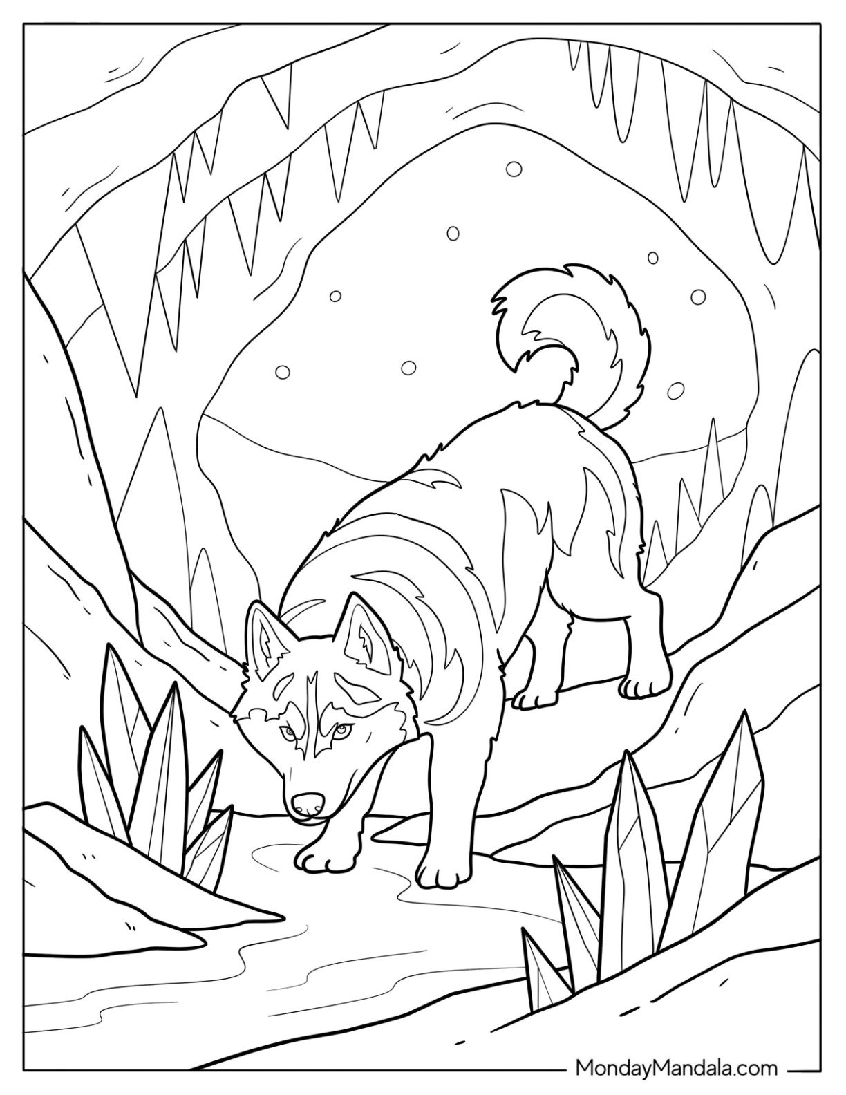 Husky Coloring Pages Sneaking into Cave with Crystals