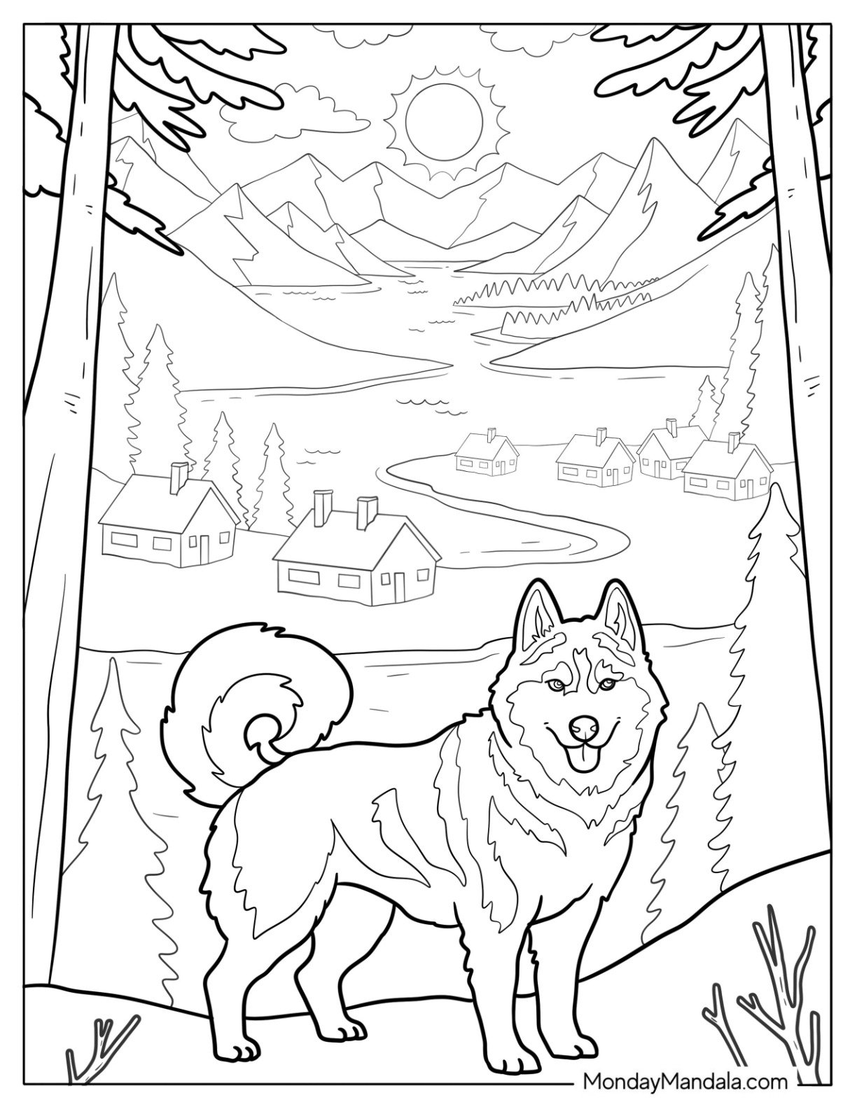 Husky Coloring Pages Standing on Cliff Overlooking Tiny Village
