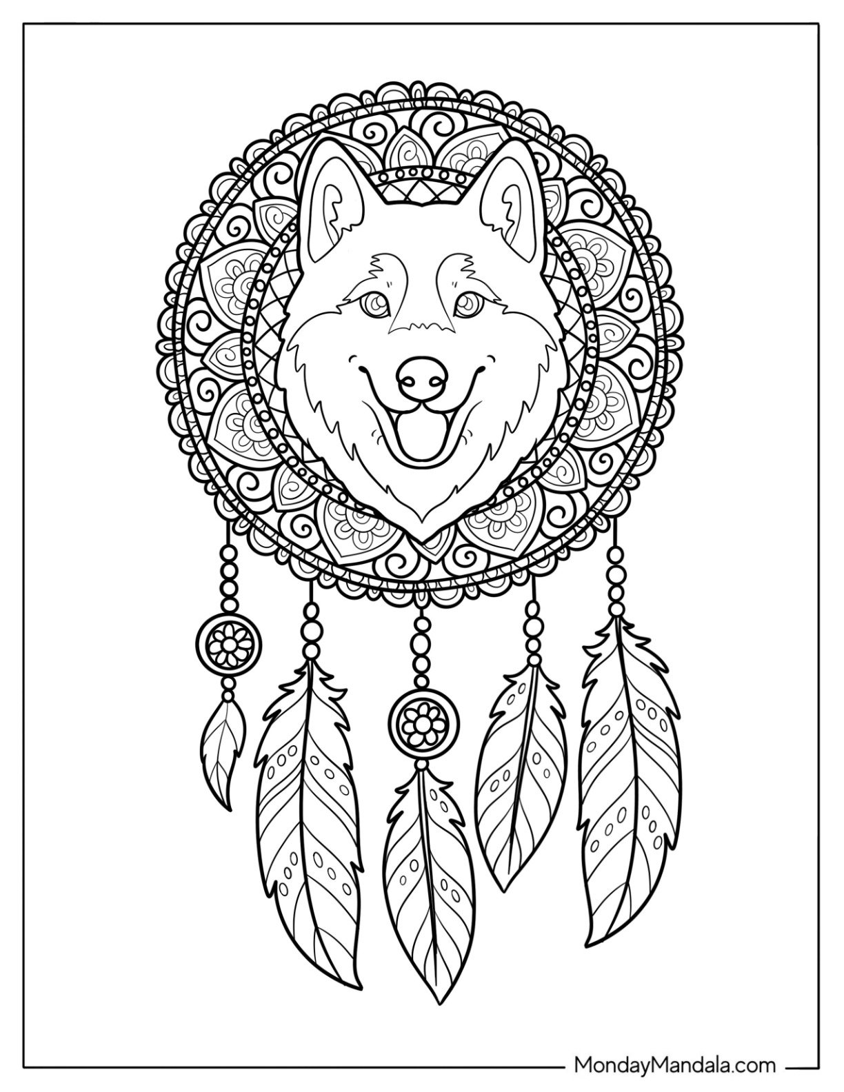 Husky Coloring Pages at the Center of an Intricate Floral Dreamcatcher