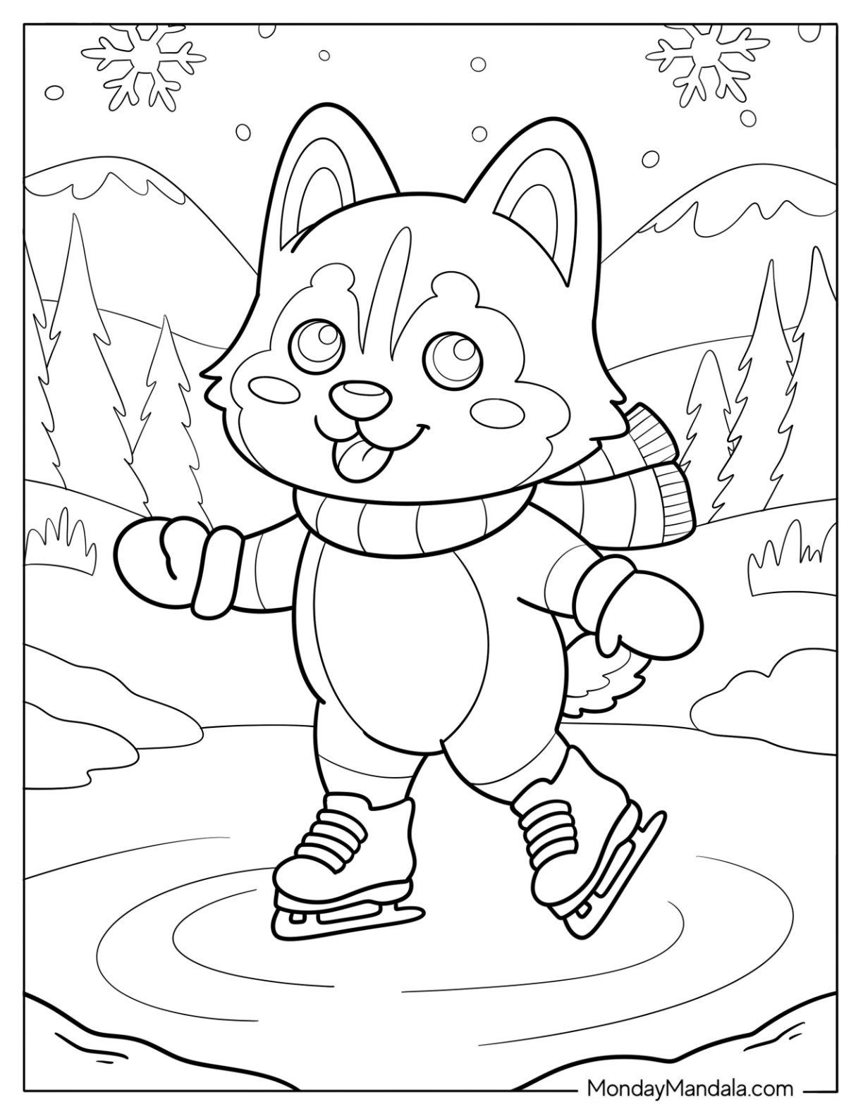 Husky Coloring Pages with Mitts and Scarf Ice Skating in Winter for Kids