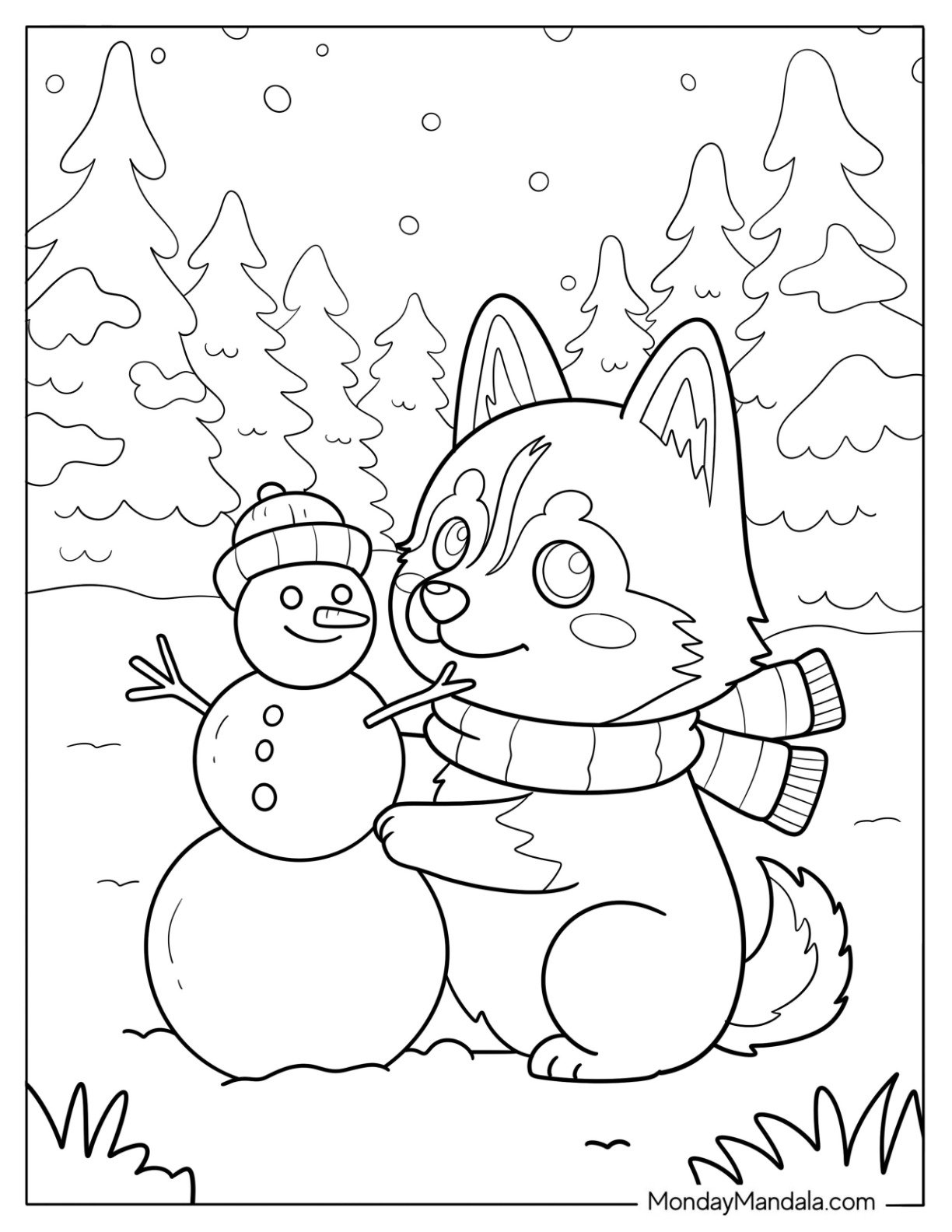 Husky Coloring Pages with Scarf Building a Snowman for Kids