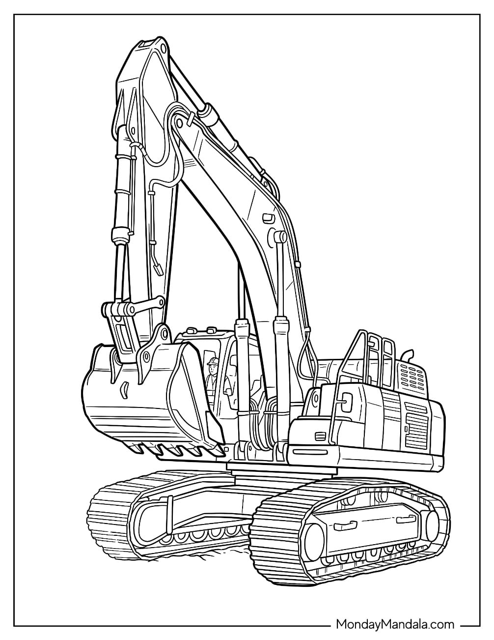 Hydraulic Crawler Excavator with Tracked Undercarriage and Digging Bucket Coloring Page