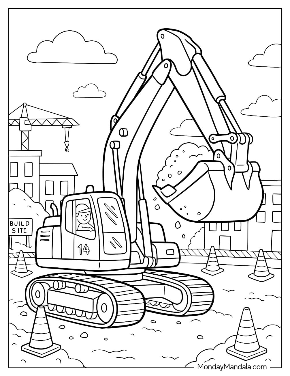 Hydraulic Tracked Excavator Lifting a Bucket of Dirt at a Construction Site Coloring Page