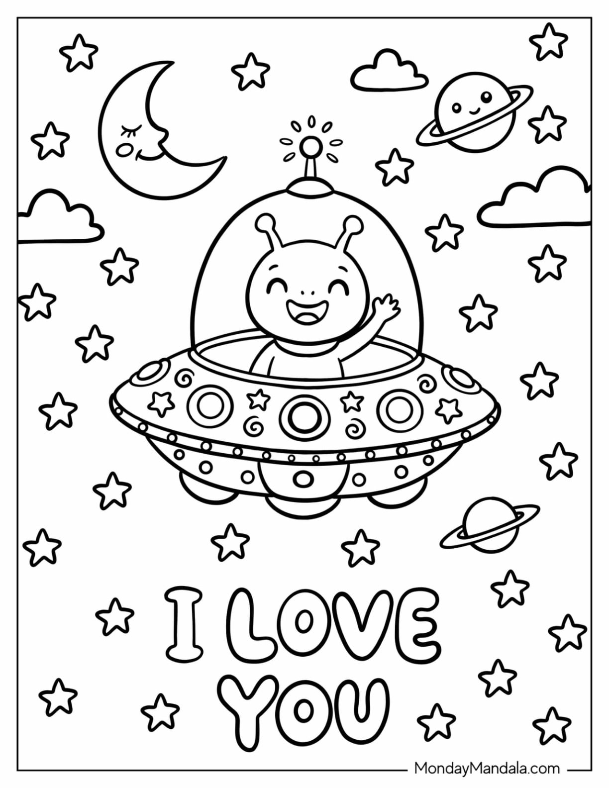 I Love You Alien Flying a UFO Coloring Sheet