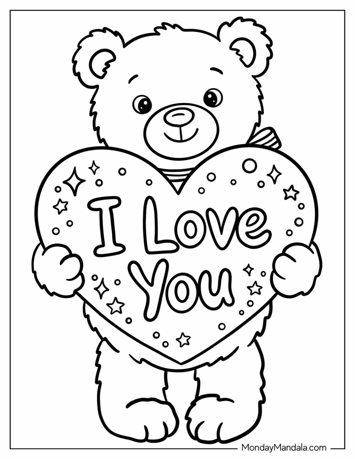 I Love You Bear Holding a Heart Sign Coloring Page for Kids