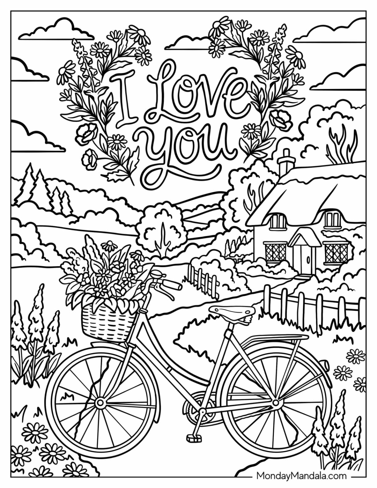 I Love You Bicycle with Flower Basket Coloring Page