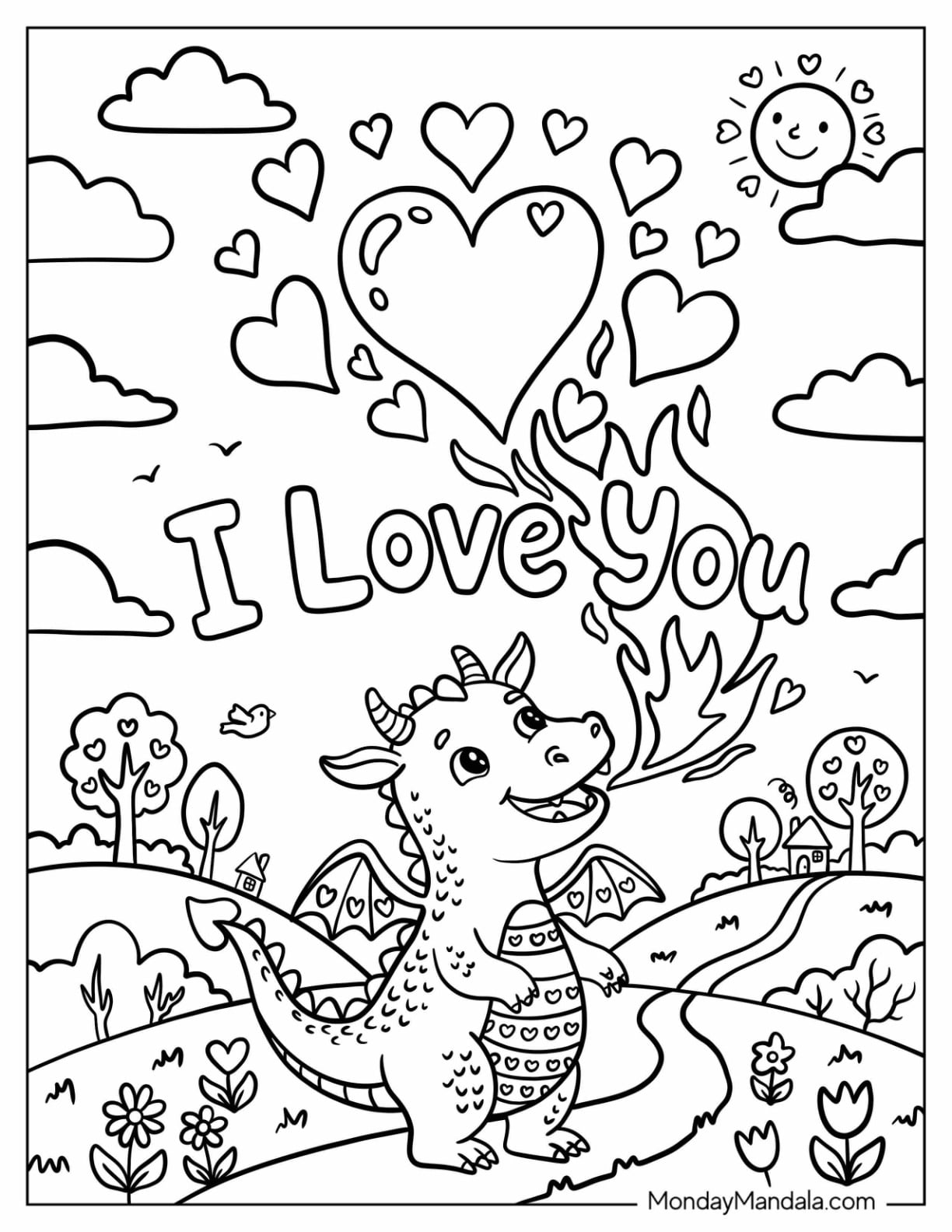 I Love You Dragon Breathing Heart Fire Coloring Page