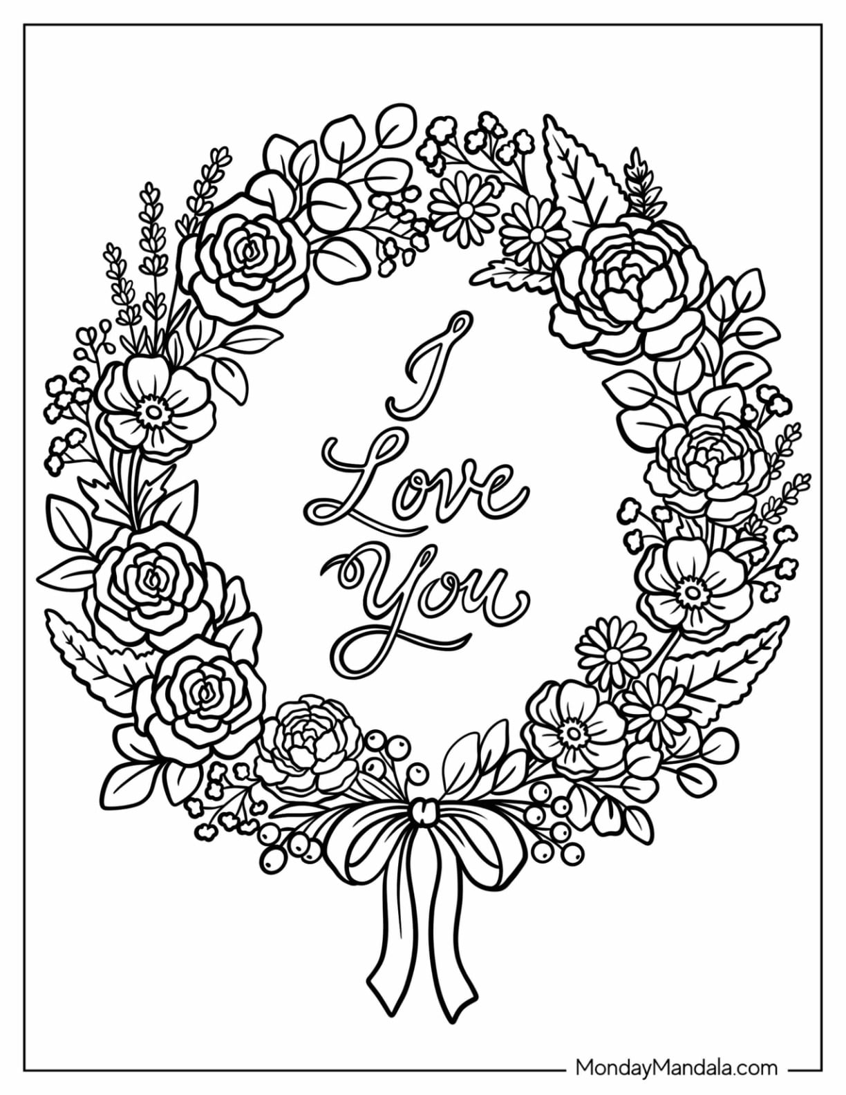 I Love You Floral Wreath Coloring Sheet