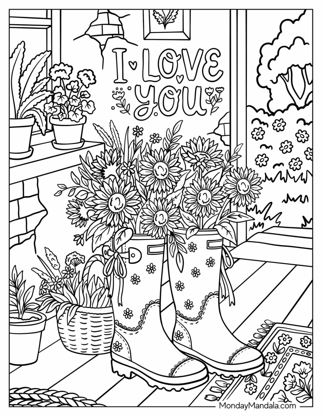I Love You Flower Boots on a Garden Porch Coloring Page
