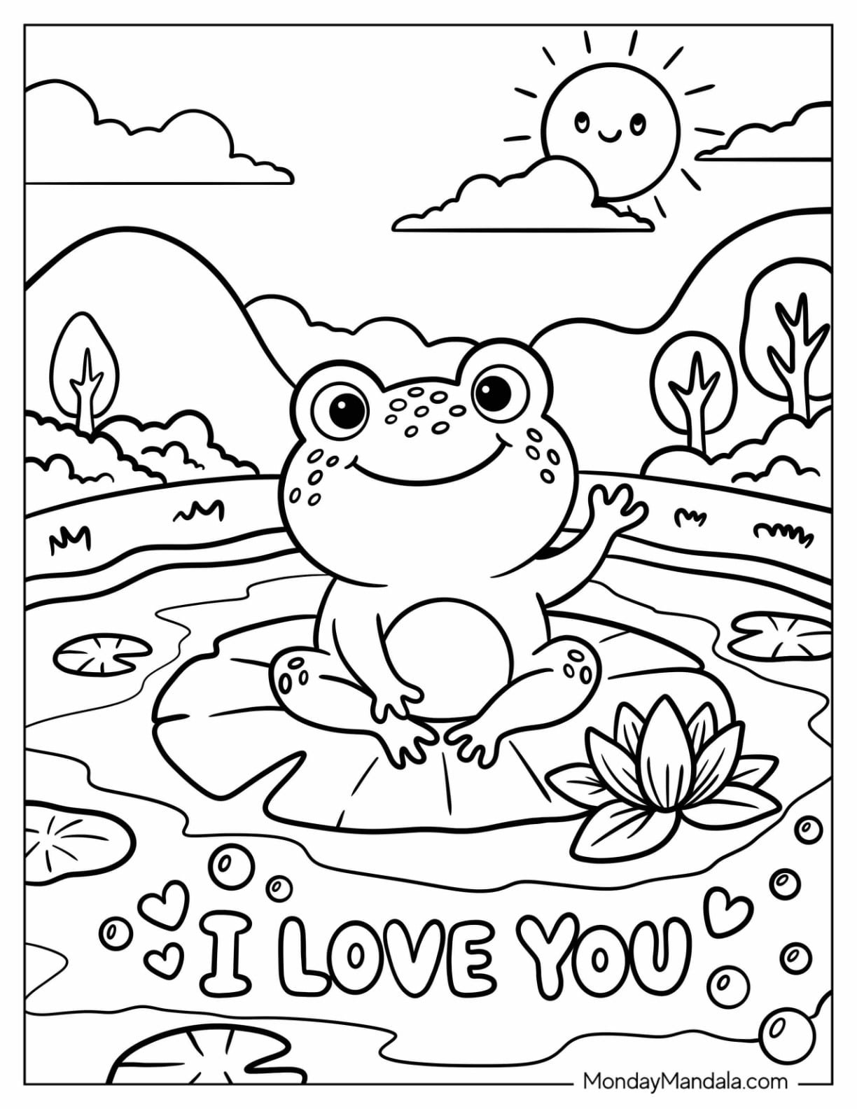 I Love You Frog Sitting on a Lily Pad Coloring Sheet for Kids