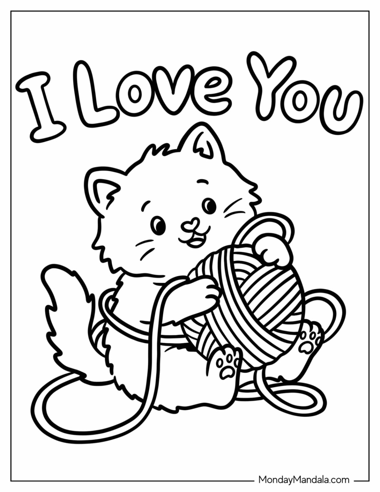I Love You Kitten Playing with Yarn Coloring Page