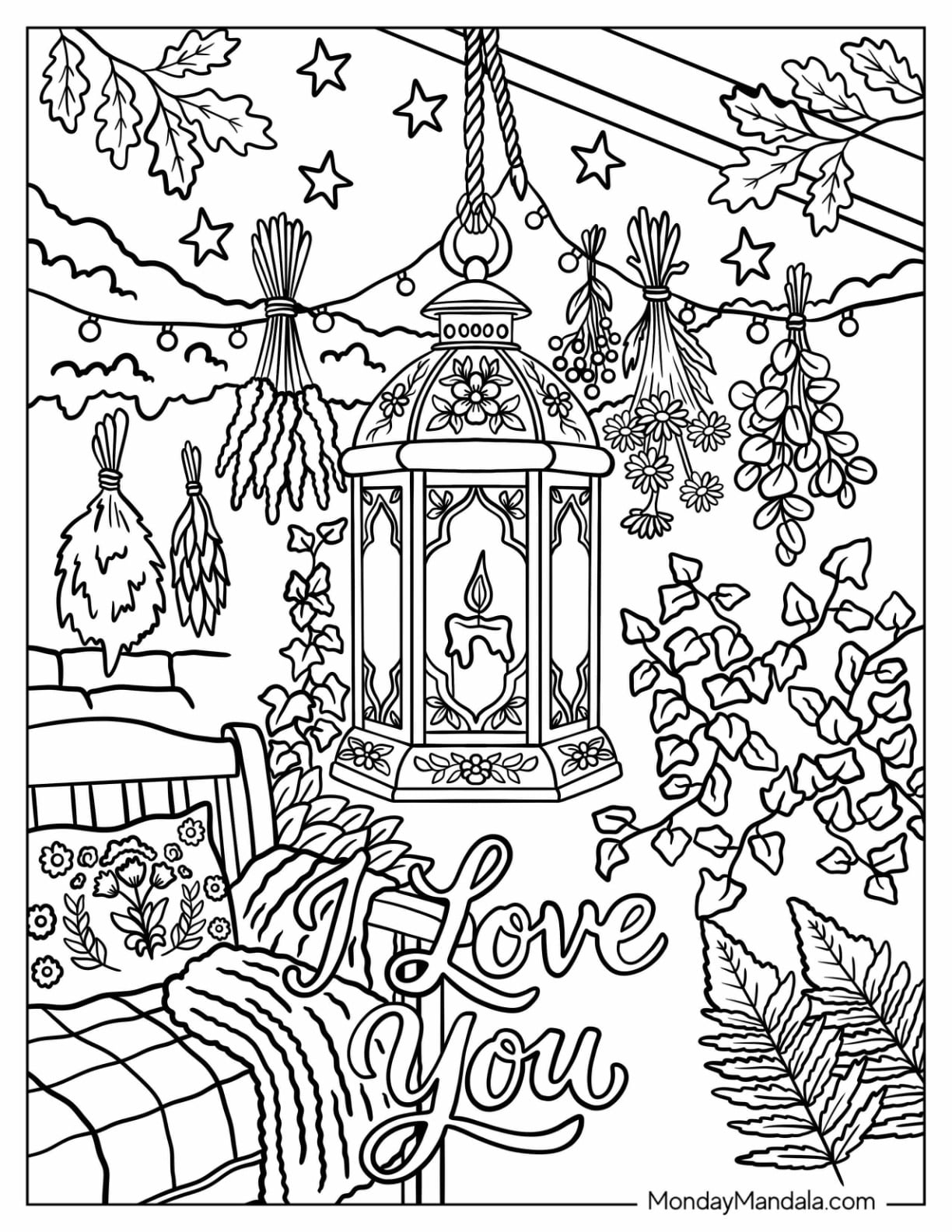 I Love You Lantern with Hanging Herbs Coloring Page