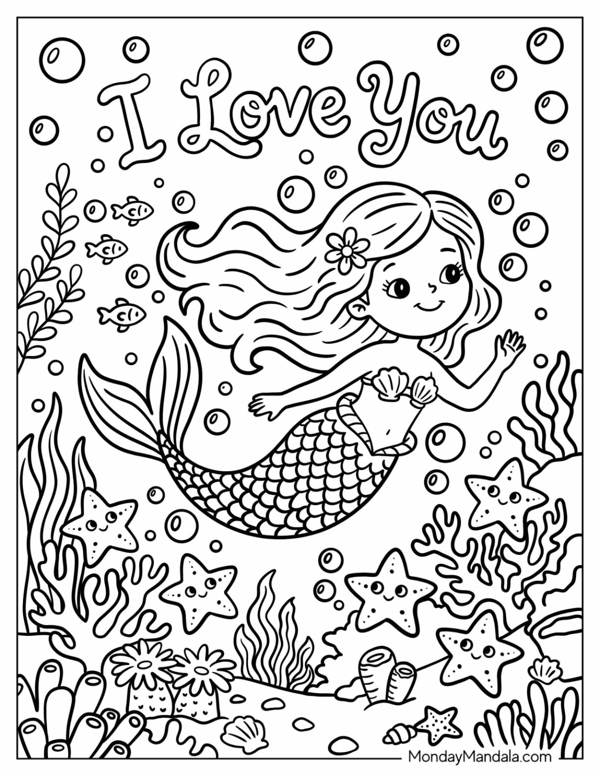 I Love You Mermaid Swimming with Sea Stars Coloring Page