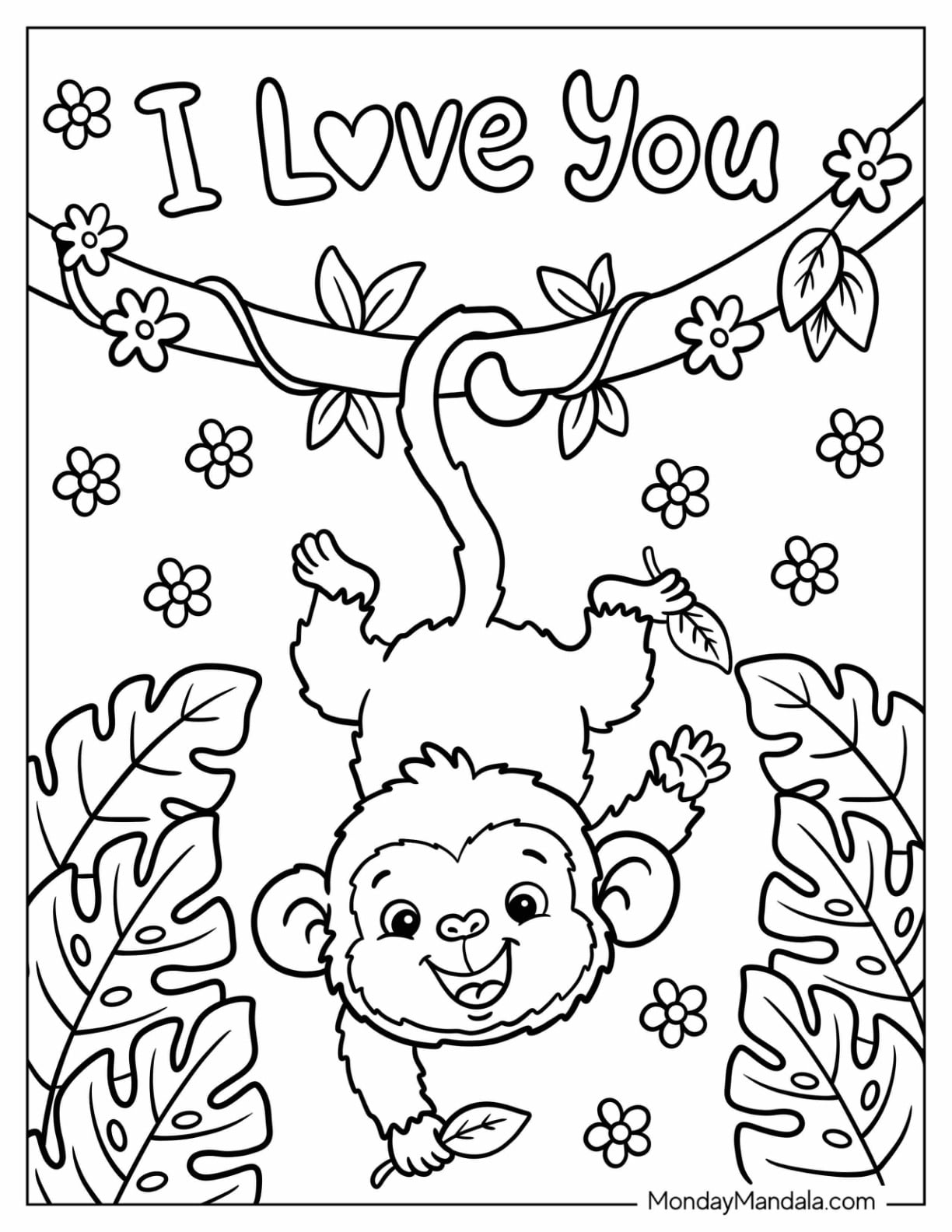 I Love You Monkey Hanging from a Branch Coloring Page for Kids