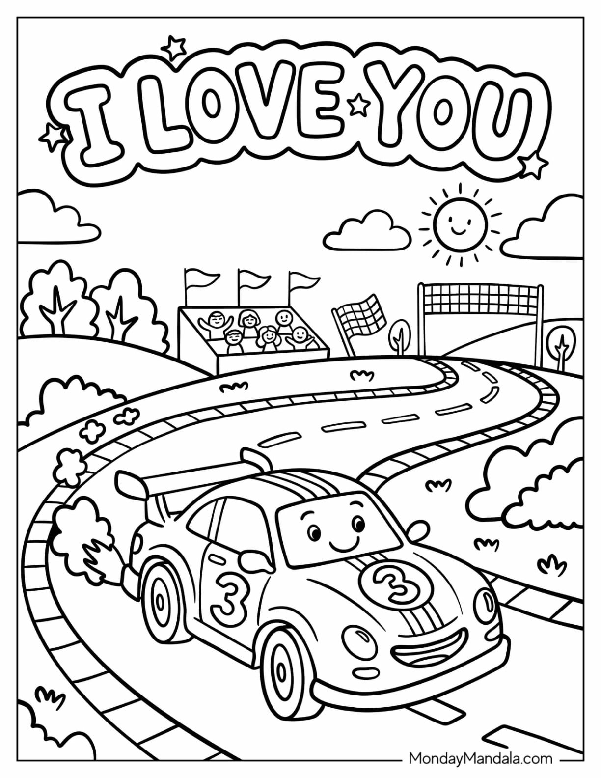 I Love You Race Car on a Track Coloring Sheet for Kids