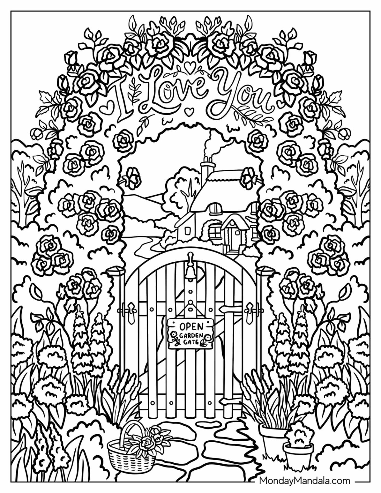 I Love You Rose Garden Gate Coloring Page