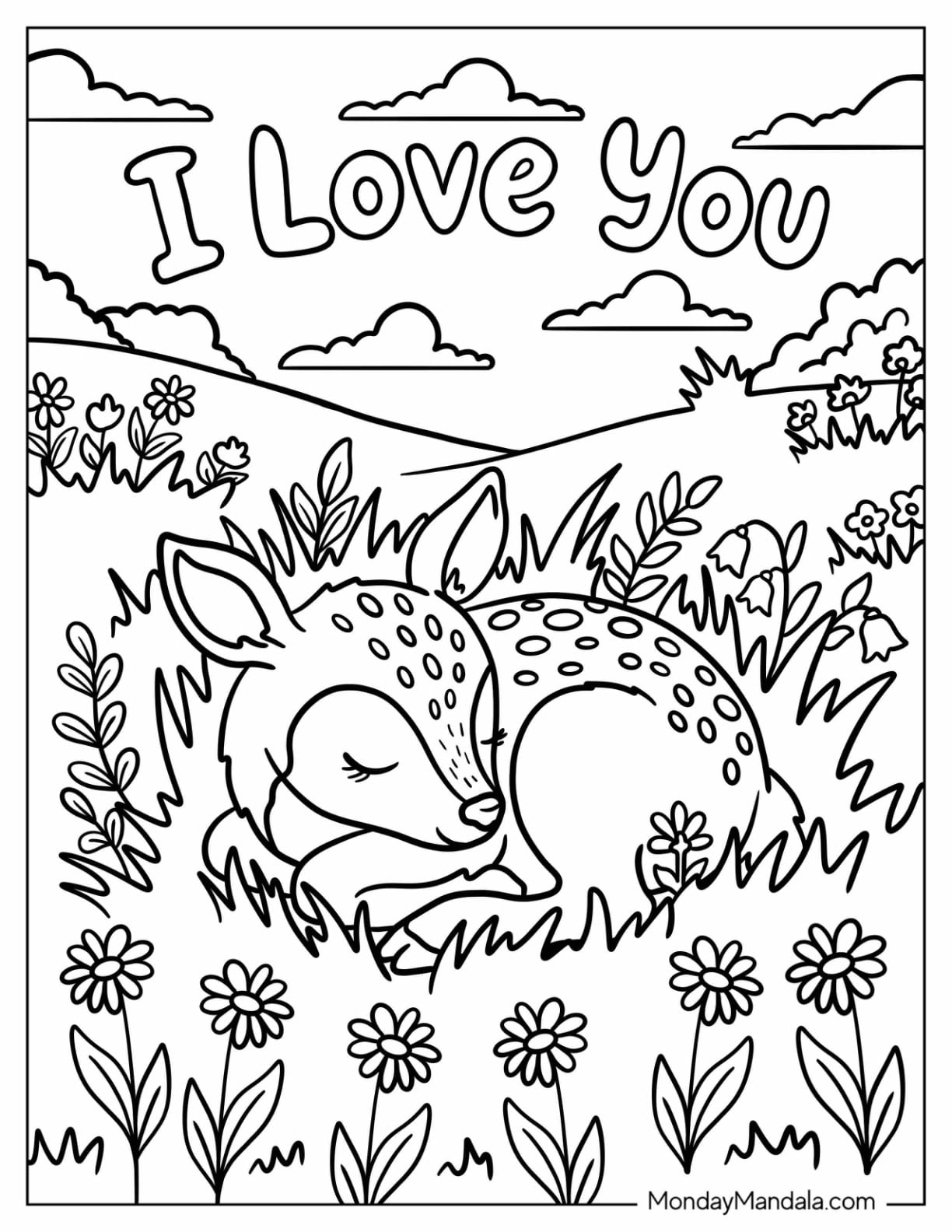 I Love You Sleeping Deer in a Flower Meadow Coloring Page