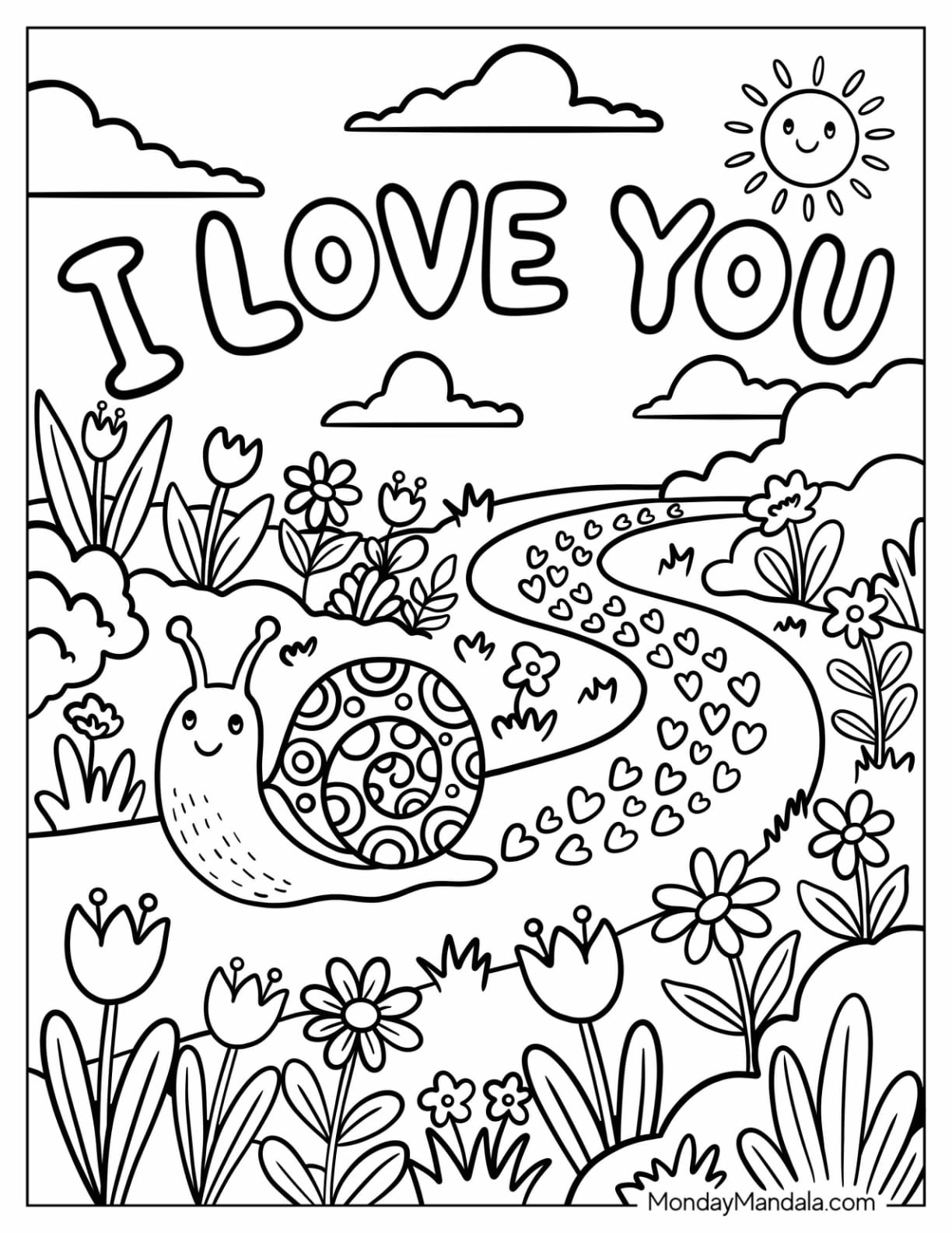 I Love You Snail Leaving a Heart Trail Coloring Sheet