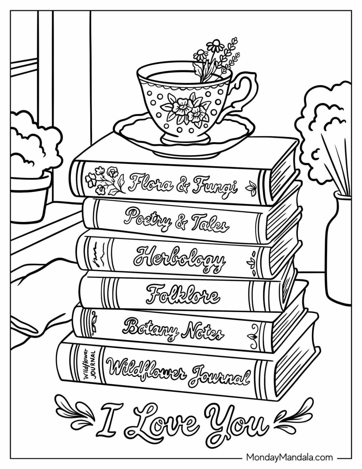 I Love You Stack of Books with Teacup Coloring Sheet