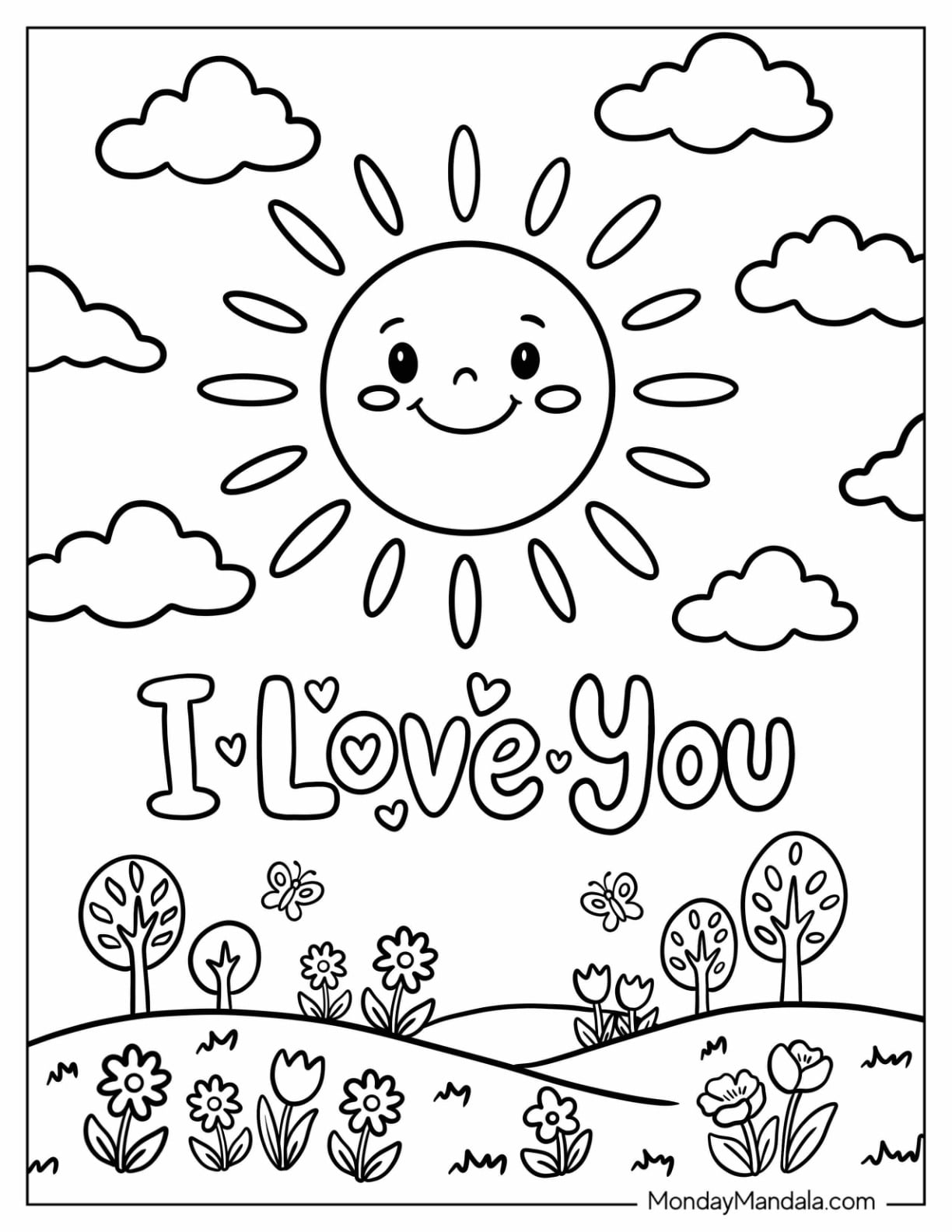 I Love You Sunny Flower Meadow Coloring Page for Kids