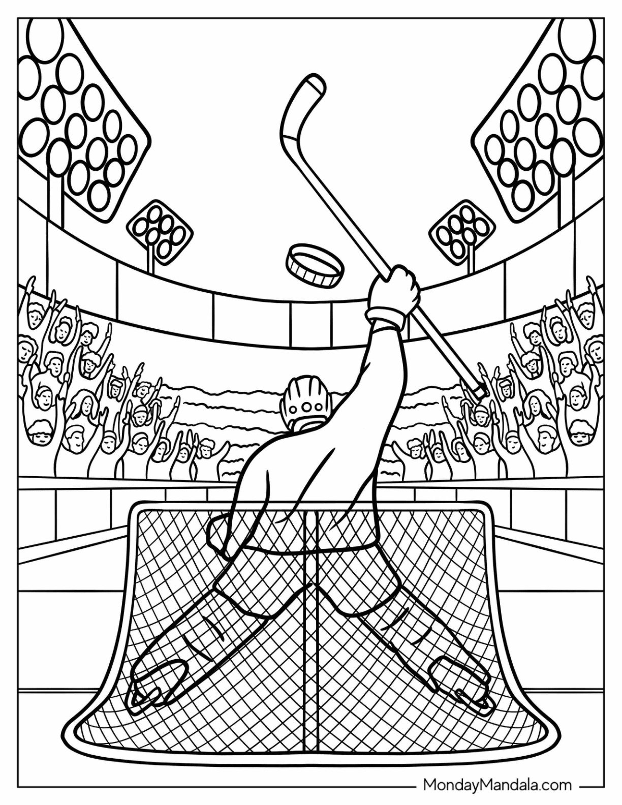 NHL & Hockey Coloring Page of Goaltender Raising Goal Stick to Cheering Crowd