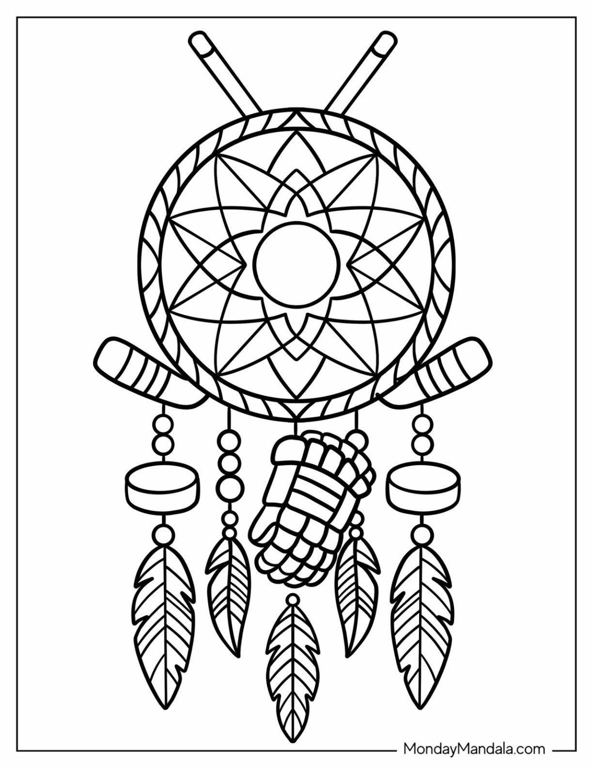 NHL & Hockey Coloring Page of Ice Hockey Mandala with Dangling Pucks and Feathers