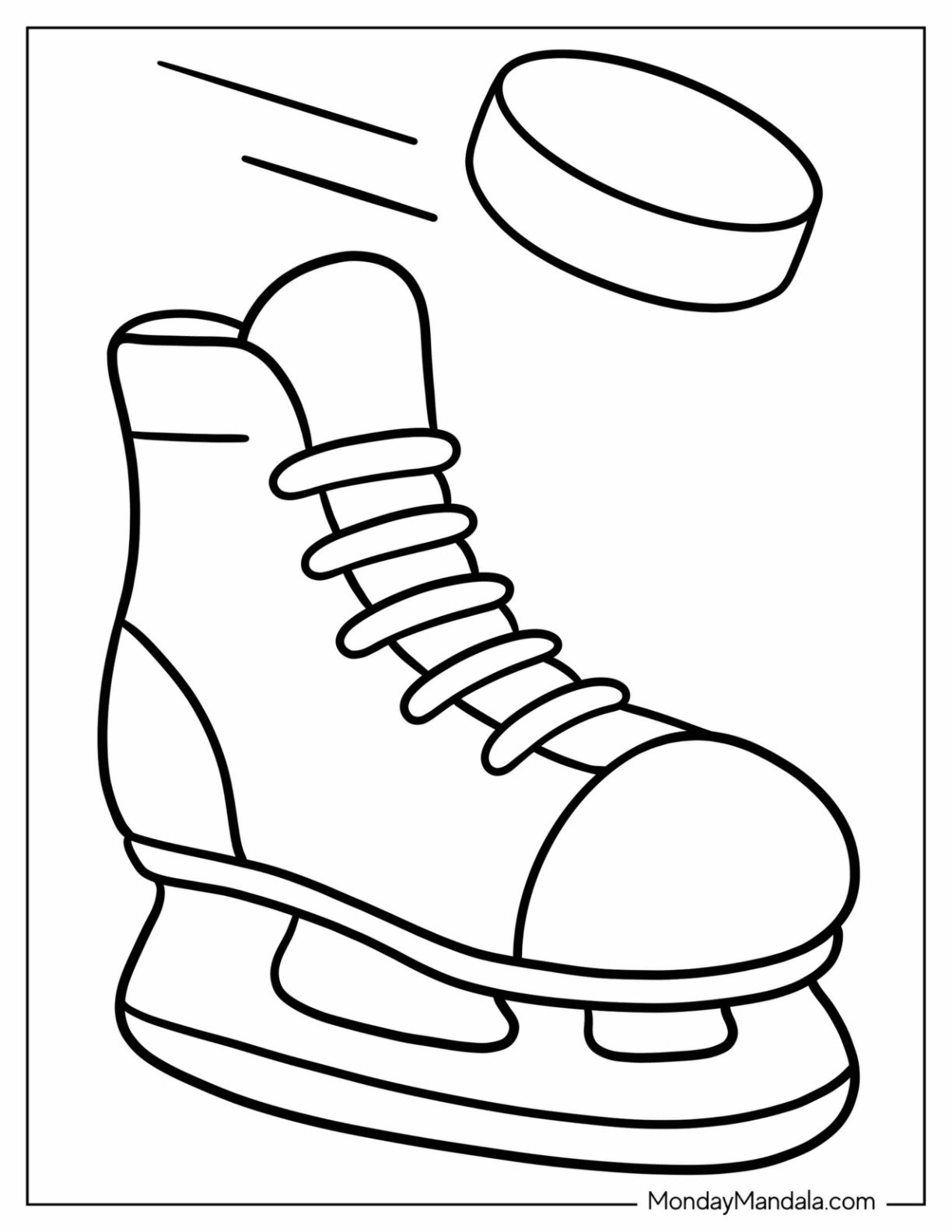 NHL & Hockey Coloring Page of Ice Hockey Skates with Puck in the Air for Preschoolers