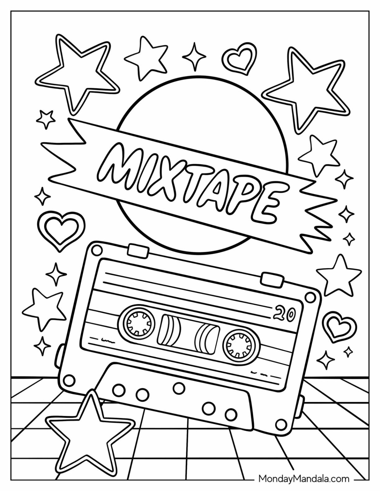 Iconic 80's Coloring Page Cassette Tape with Retro Shapes