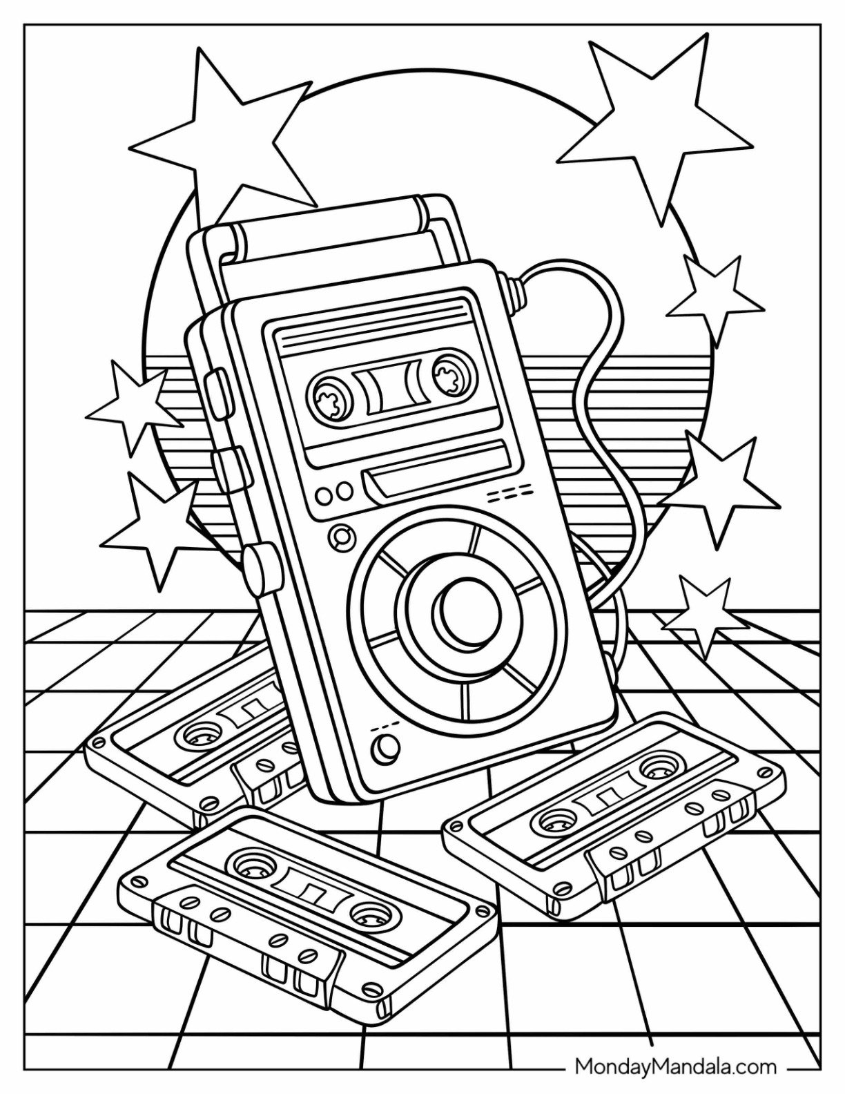 Iconic 80's Coloring Page of Walkman and Cassette Tapes with Stars and Grid Floor