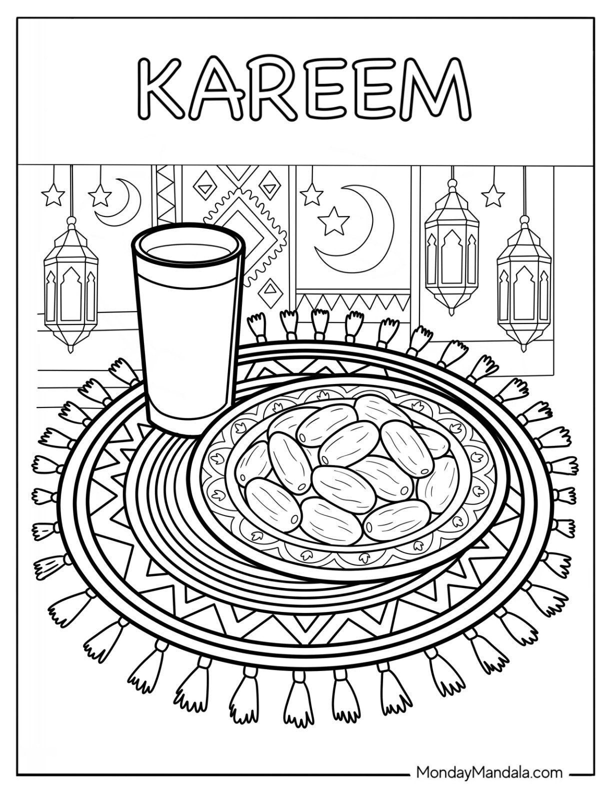 Iftar Dates and Drink Arranged on a Decorative Plate for Ramadan Coloring Page