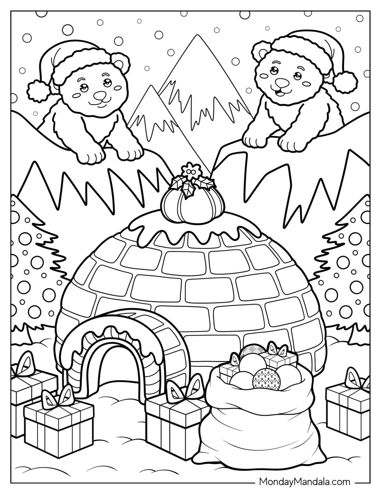 Igloo Gingerbread House Coloring Page Surrounded by Presents and Polar Bear Cubs
